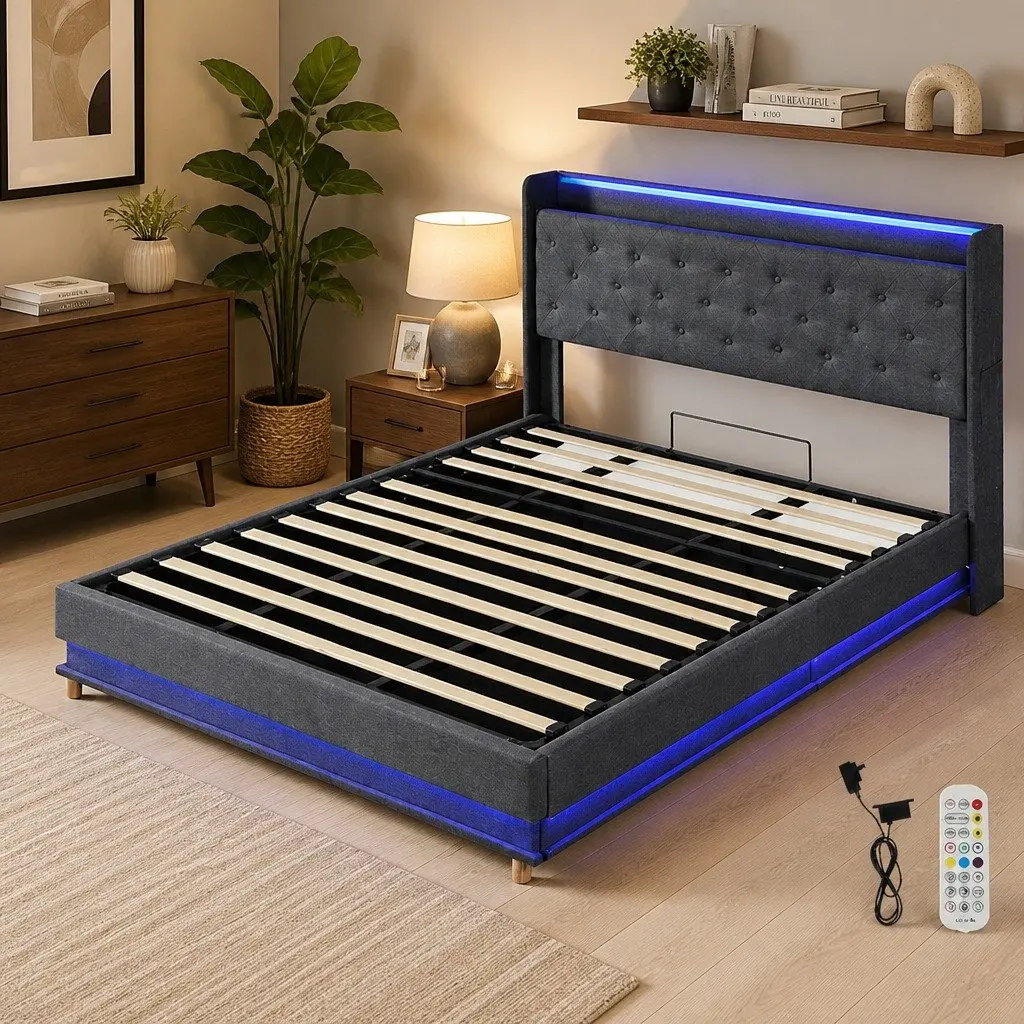 King Bed Frame Linen Upholstered Grey Gas Lift Storage USB Charging LED Light