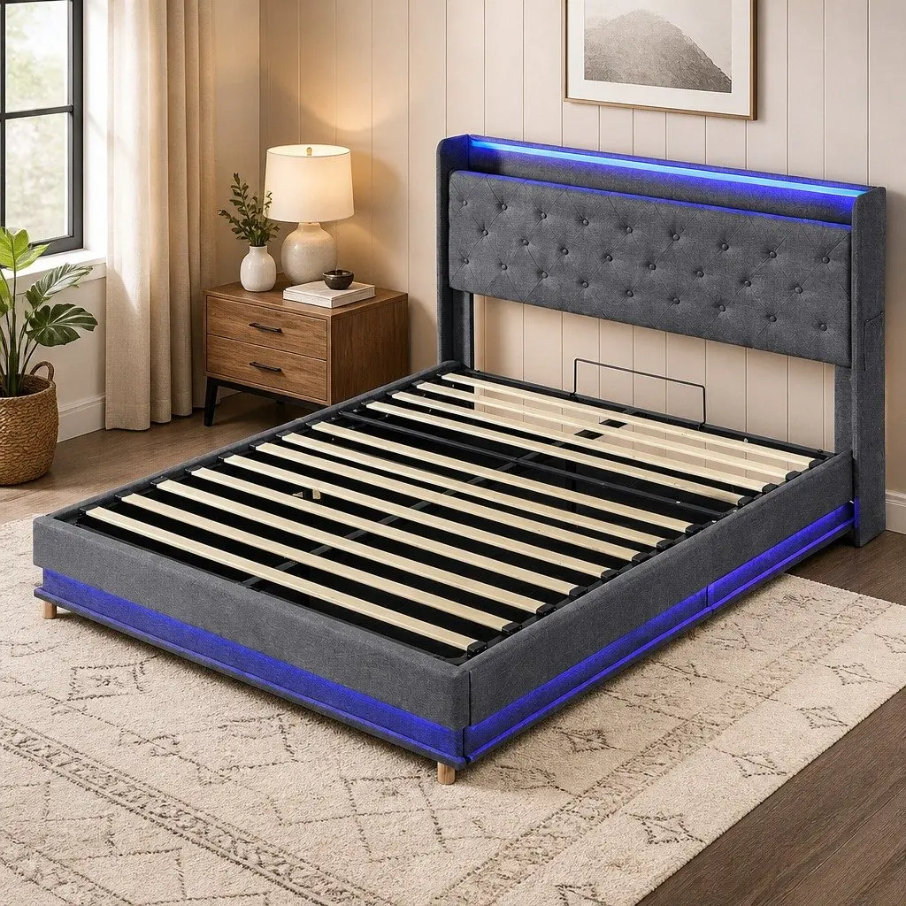 Queen Bed Frame Linen Upholstered Gas Lift Storage LED Headboard USB Charging Grey
