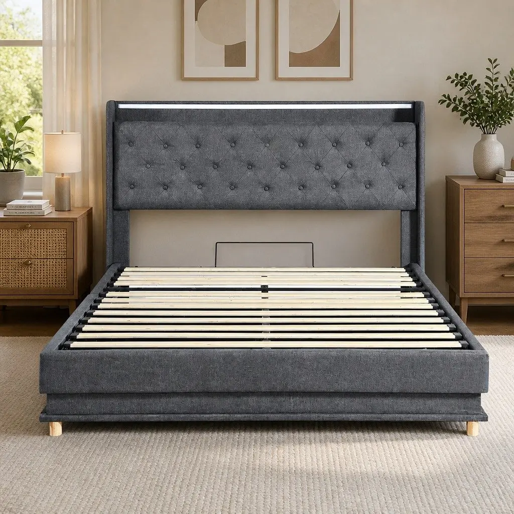 Queen Bed Frame Linen Upholstered Gas Lift Storage LED Headboard USB Charging Grey