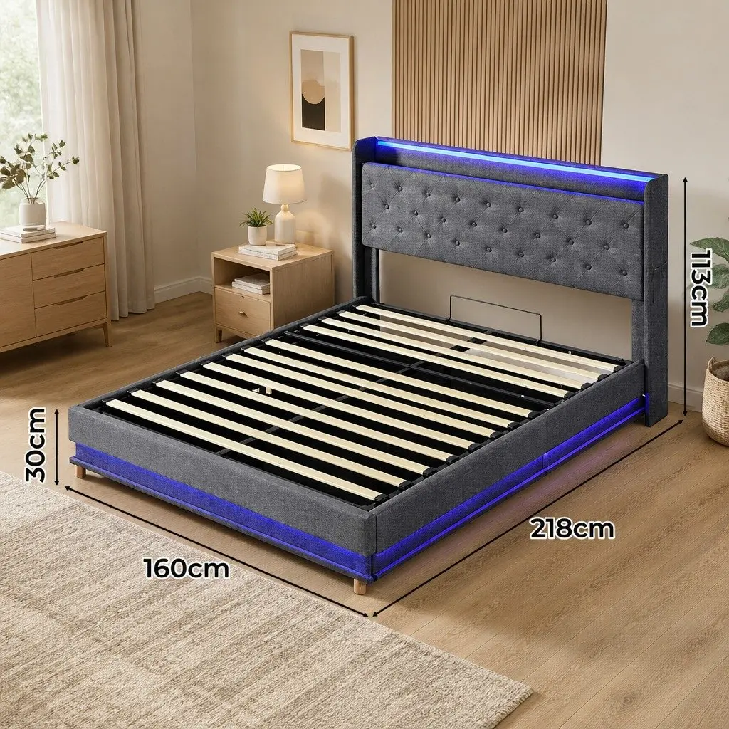 Queen Bed Frame Linen Upholstered Gas Lift Storage LED Headboard USB Charging Grey