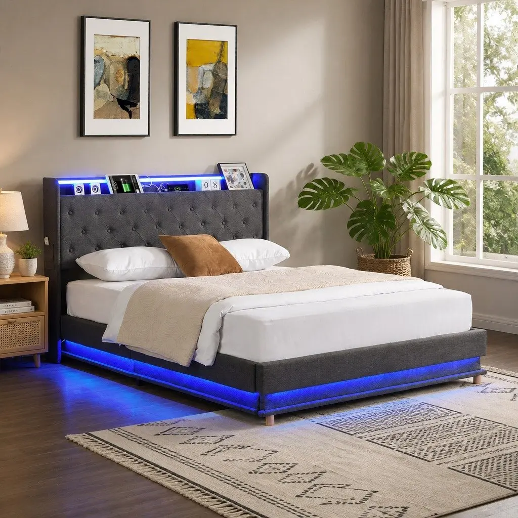 Queen Bed Frame Linen Upholstered Gas Lift Storage LED Headboard USB Charging Grey
