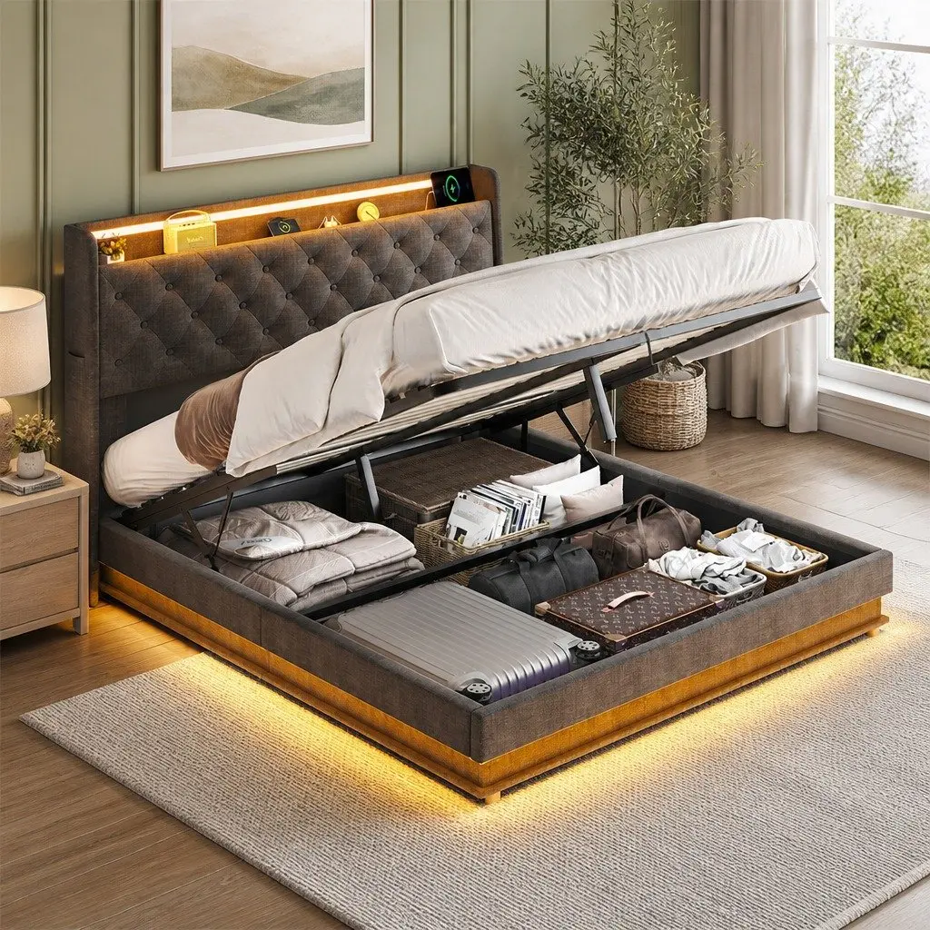 Queen Bed Frame Linen Upholstered Gas Lift Storage LED Headboard USB Charging Grey