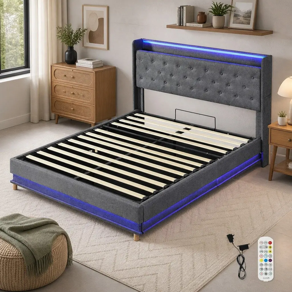 Queen Bed Frame Linen Upholstered Gas Lift Storage LED Headboard USB Charging Grey