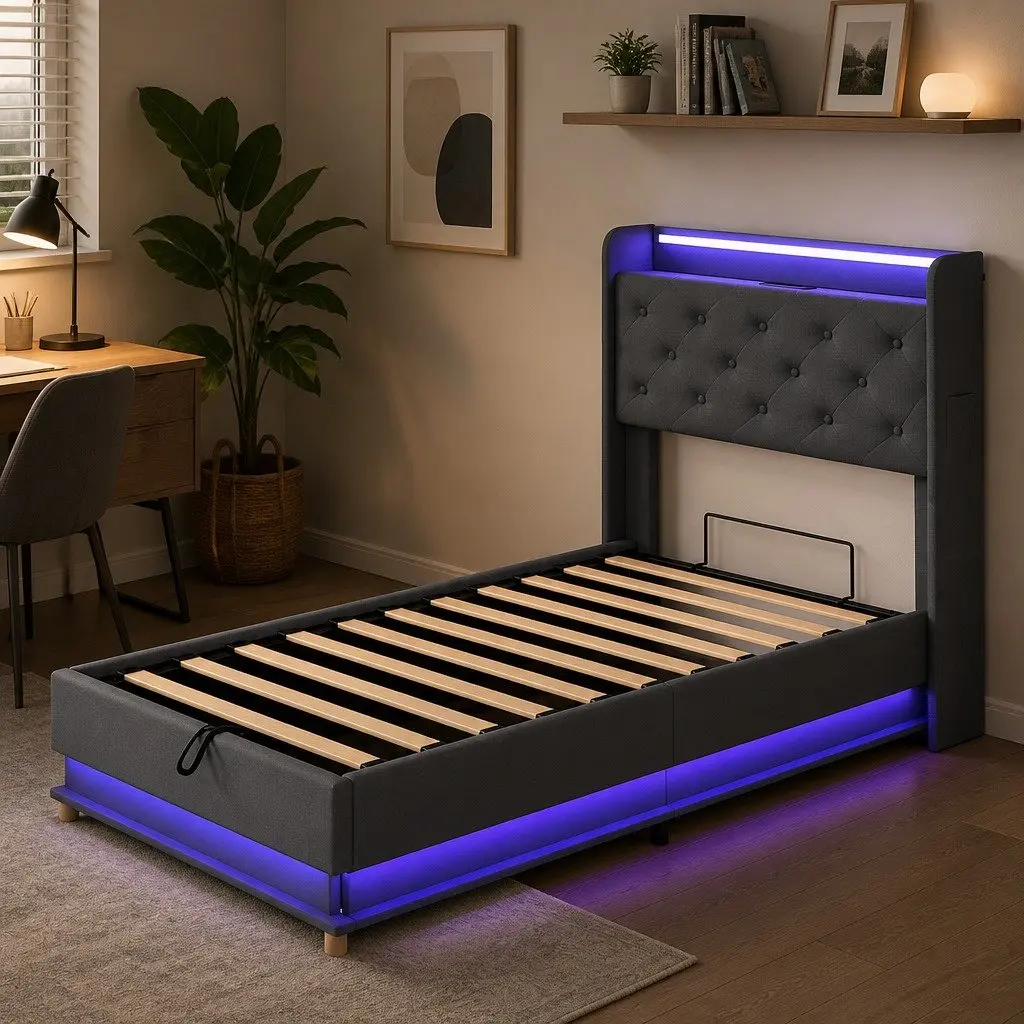 Gas Lift Single Bed Frame with Storage USB Charging RGB LED Headboard Linen Upholstered Grey