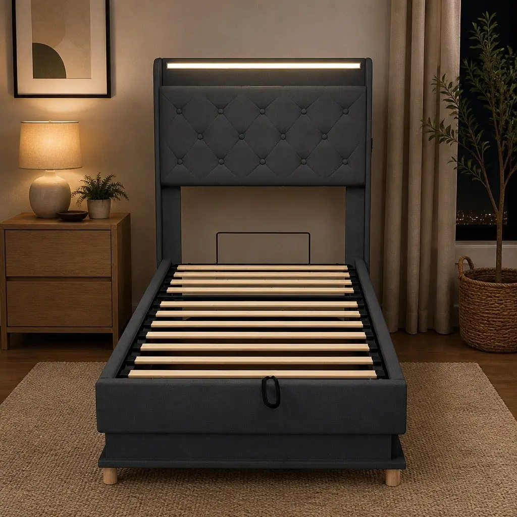 Gas Lift Single Bed Frame with Storage USB Charging RGB LED Headboard Linen Upholstered Grey