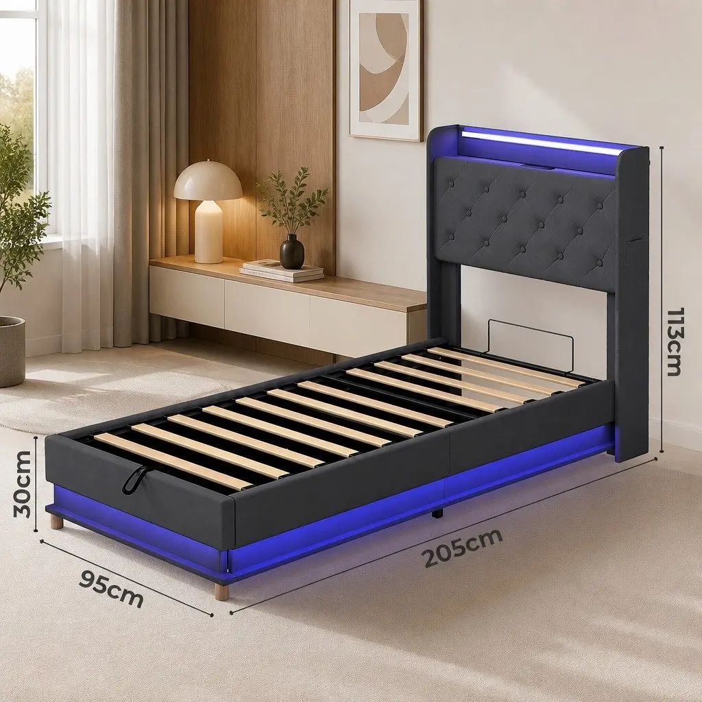 Gas Lift Single Bed Frame with Storage USB Charging RGB LED Headboard Linen Upholstered Grey