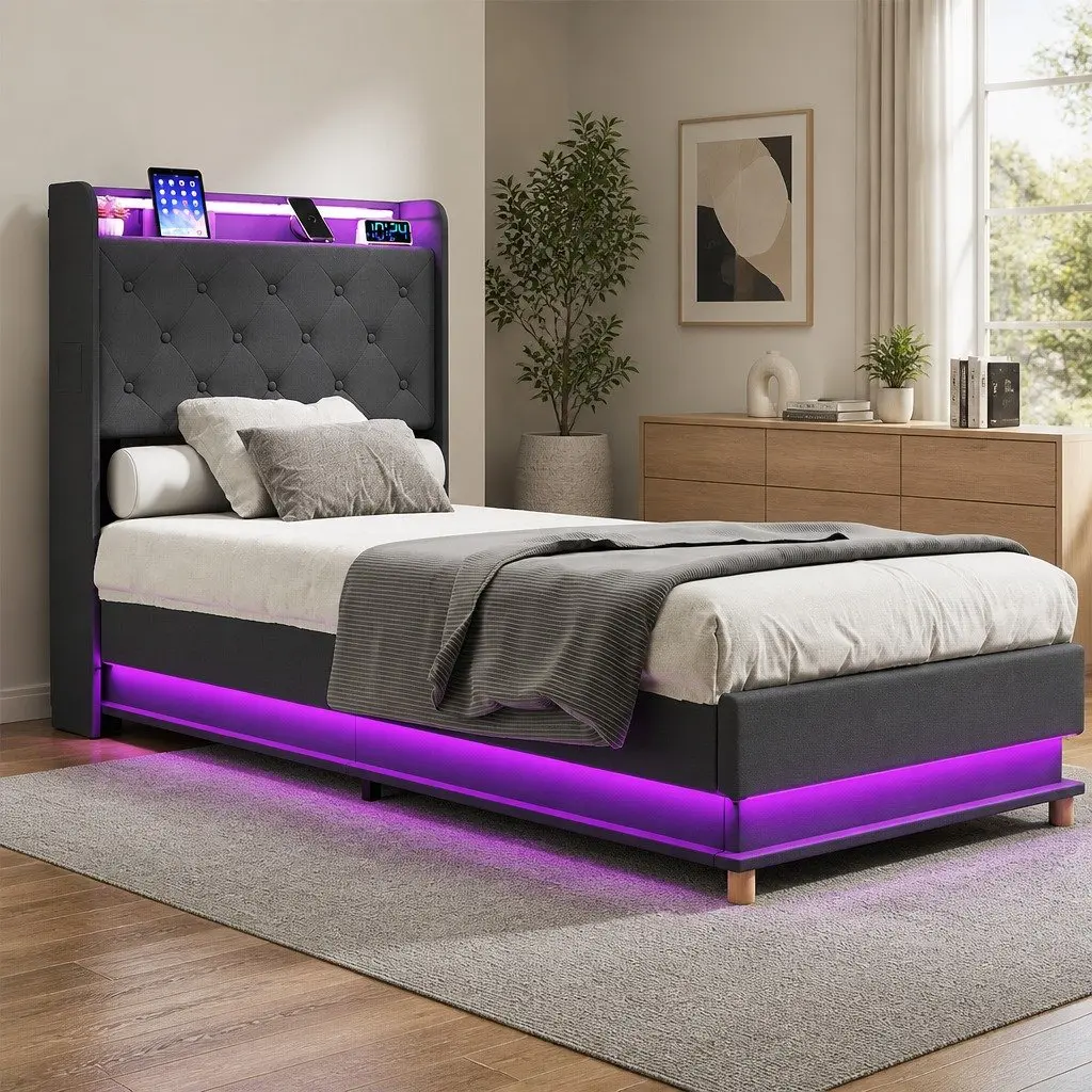 Gas Lift Single Bed Frame with Storage USB Charging RGB LED Headboard Linen Upholstered Grey