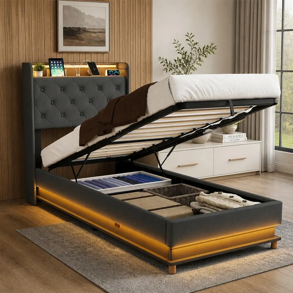 Gas Lift Single Bed Frame with Storage USB Charging RGB LED Headboard Linen Upholstered Grey