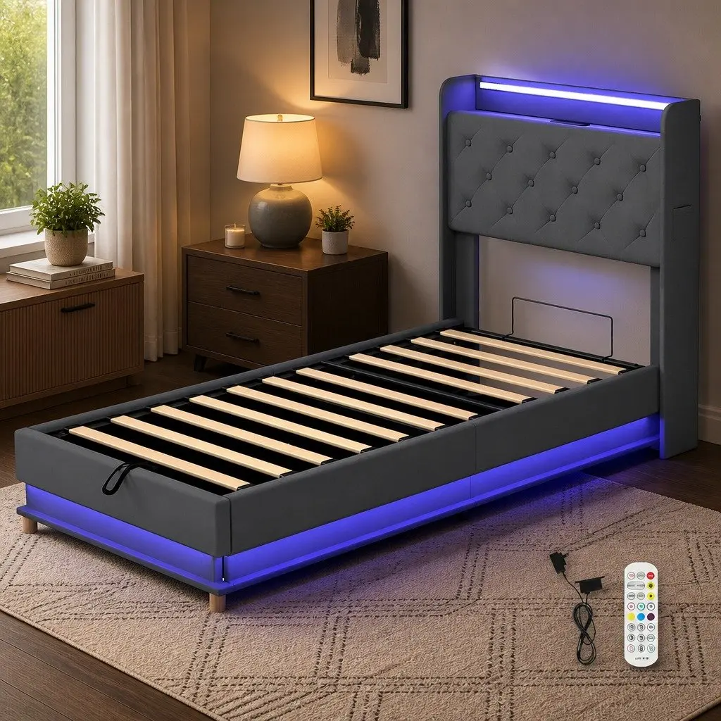 Gas Lift Single Bed Frame with Storage USB Charging RGB LED Headboard Linen Upholstered Grey