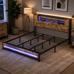 Industrial King Bed Frame With LED Lighting and Storage