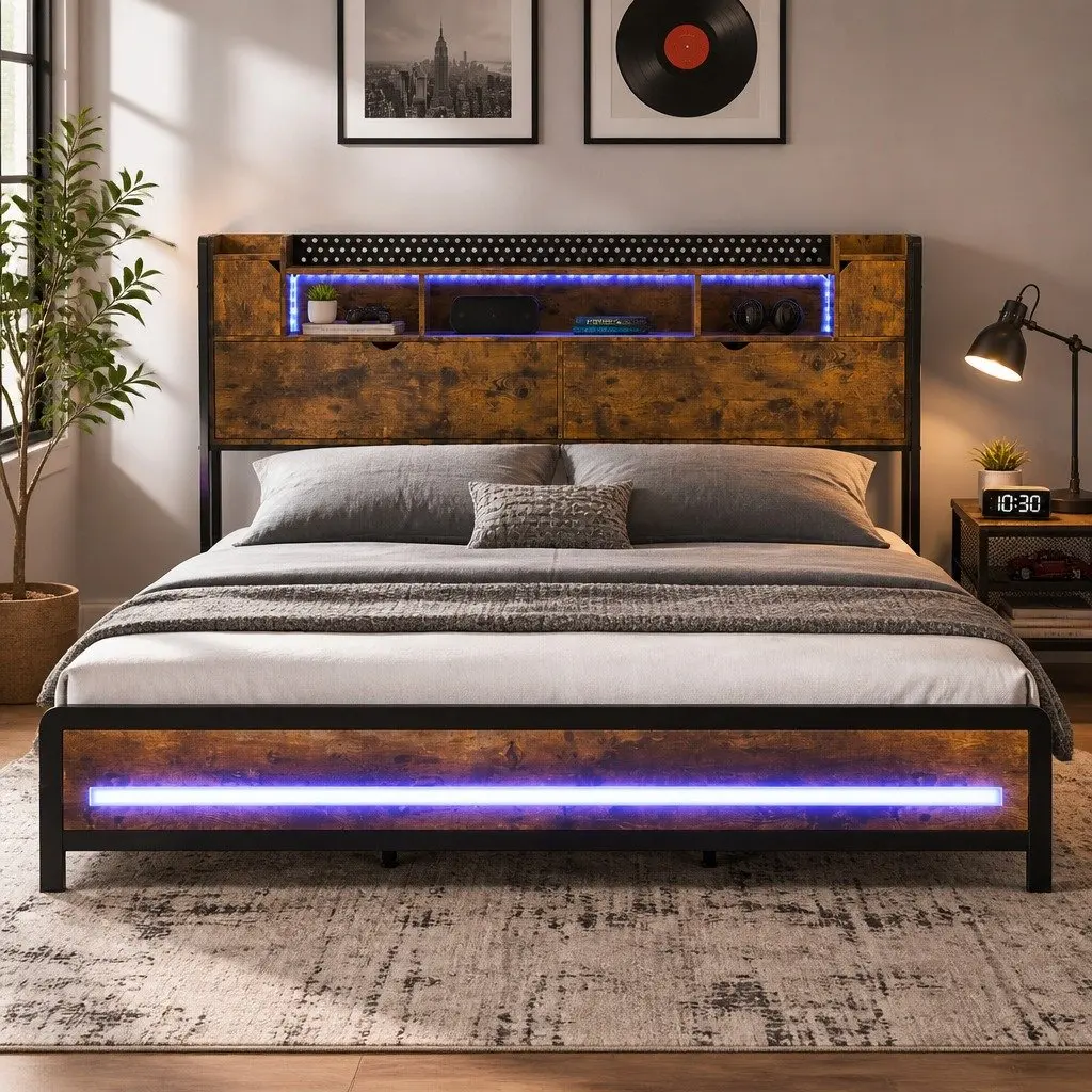 Industrial King Bed Frame With LED Lighting and Storage