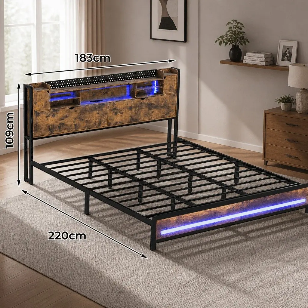 Industrial King Bed Frame With LED Lighting and Storage