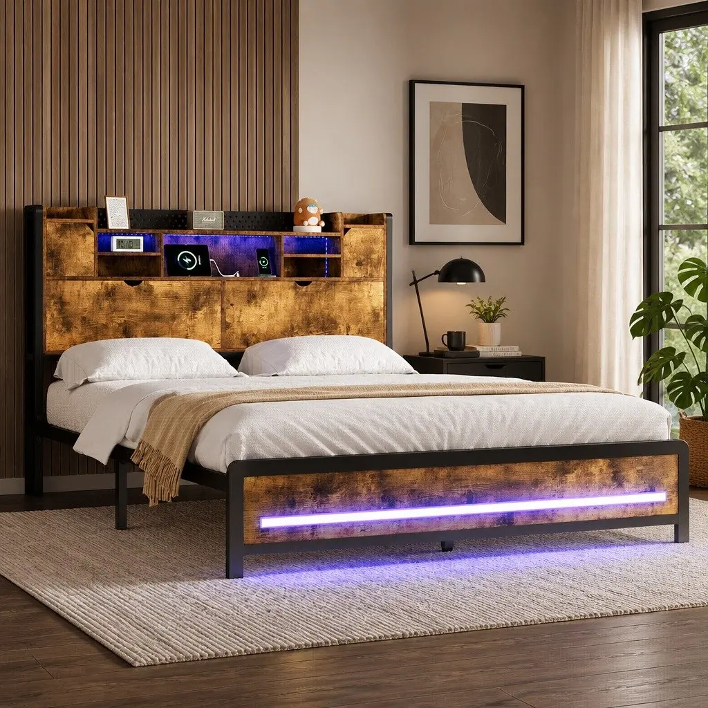 Industrial King Bed Frame With LED Lighting and Storage