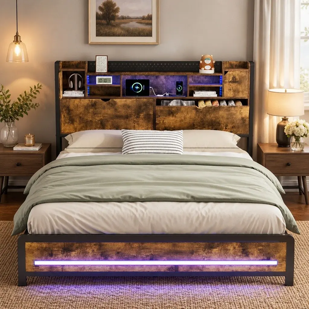 Industrial King Bed Frame With LED Lighting and Storage