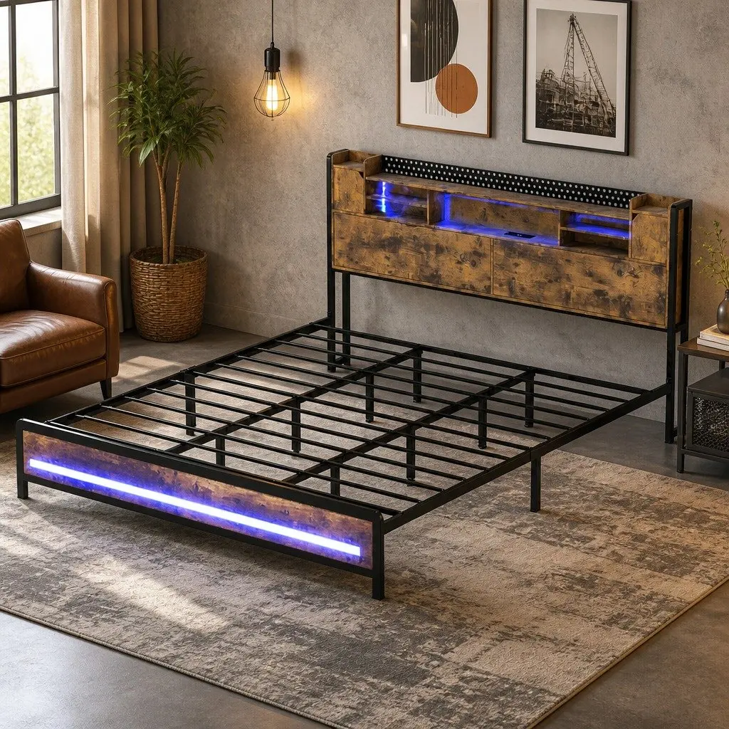Industrial King Bed Frame With LED Lighting and Storage