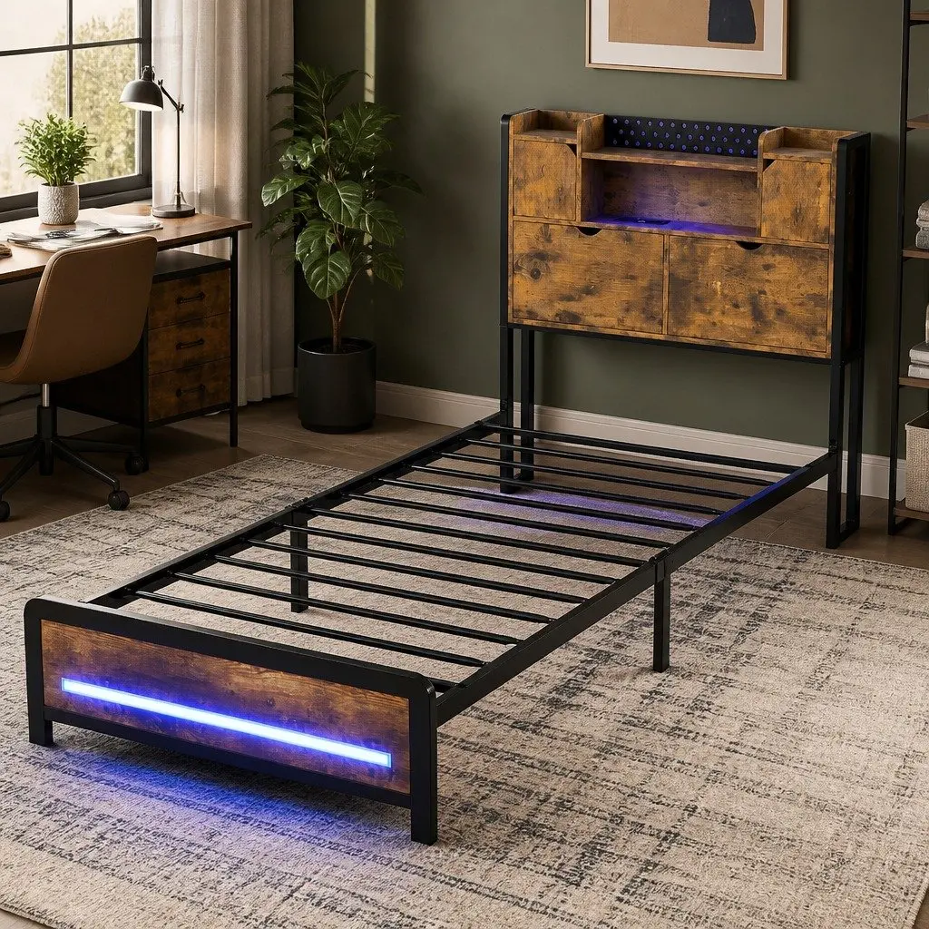Single Bed Frame with Storage Headboard and LED