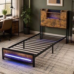 Cozy Single Bed Frame with Storage Headboard and LED