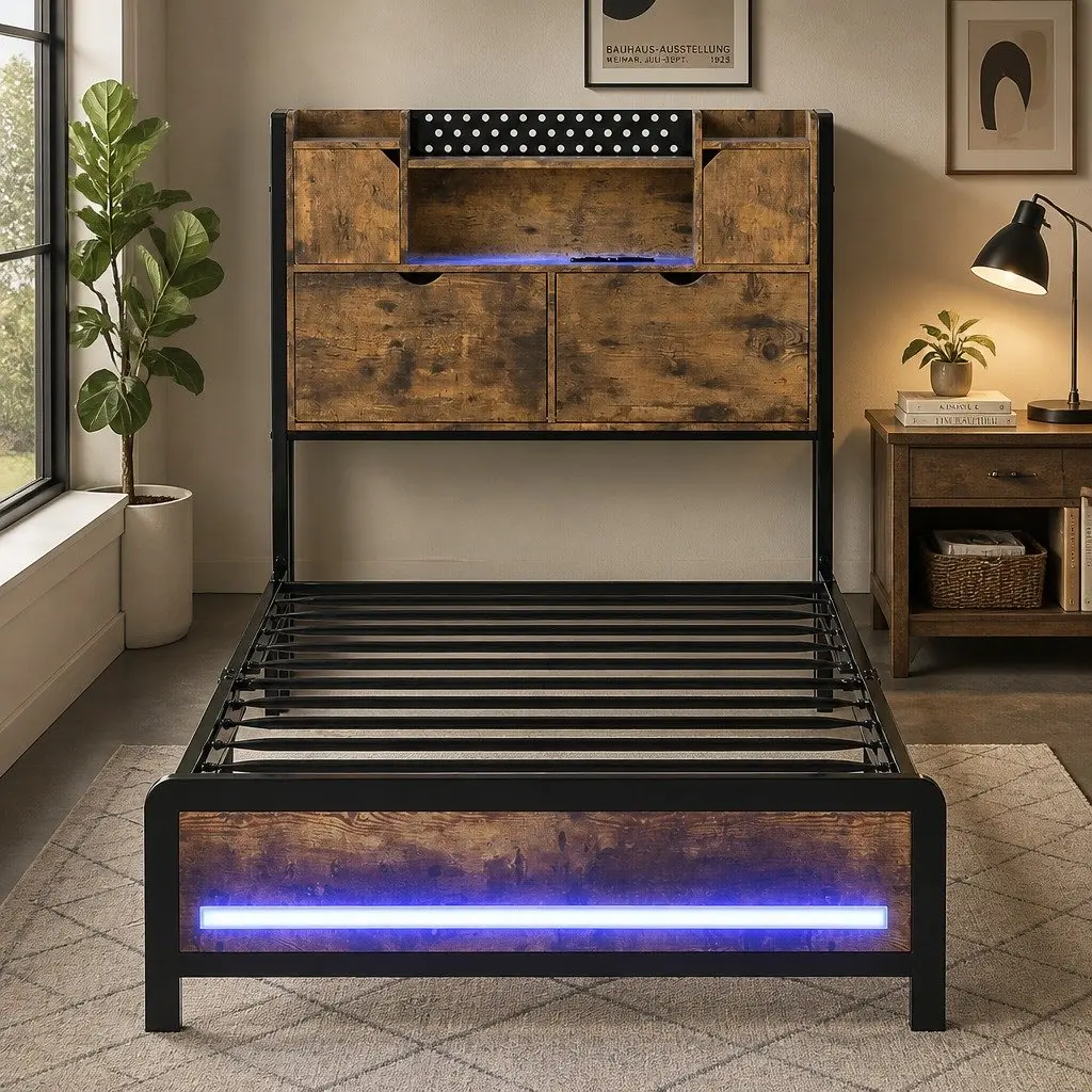 Single Bed Frame with Storage Headboard and LED