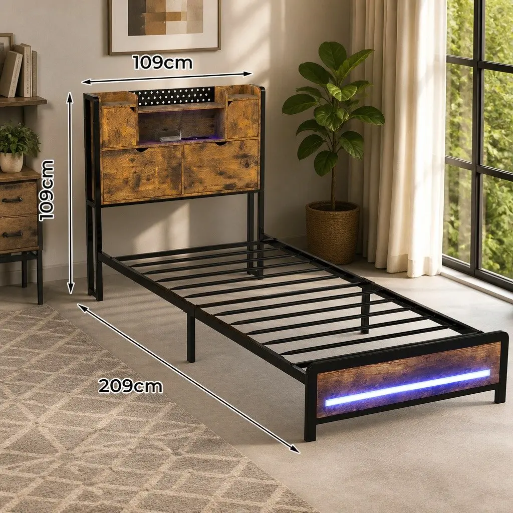 Single Bed Frame with Storage Headboard and LED