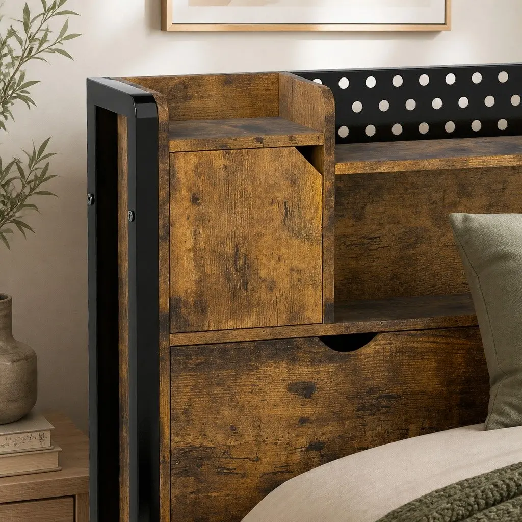 Single Bed Frame with Storage Headboard and LED