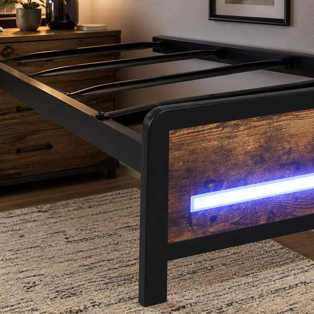 Single Bed Frame with Storage Headboard and LED