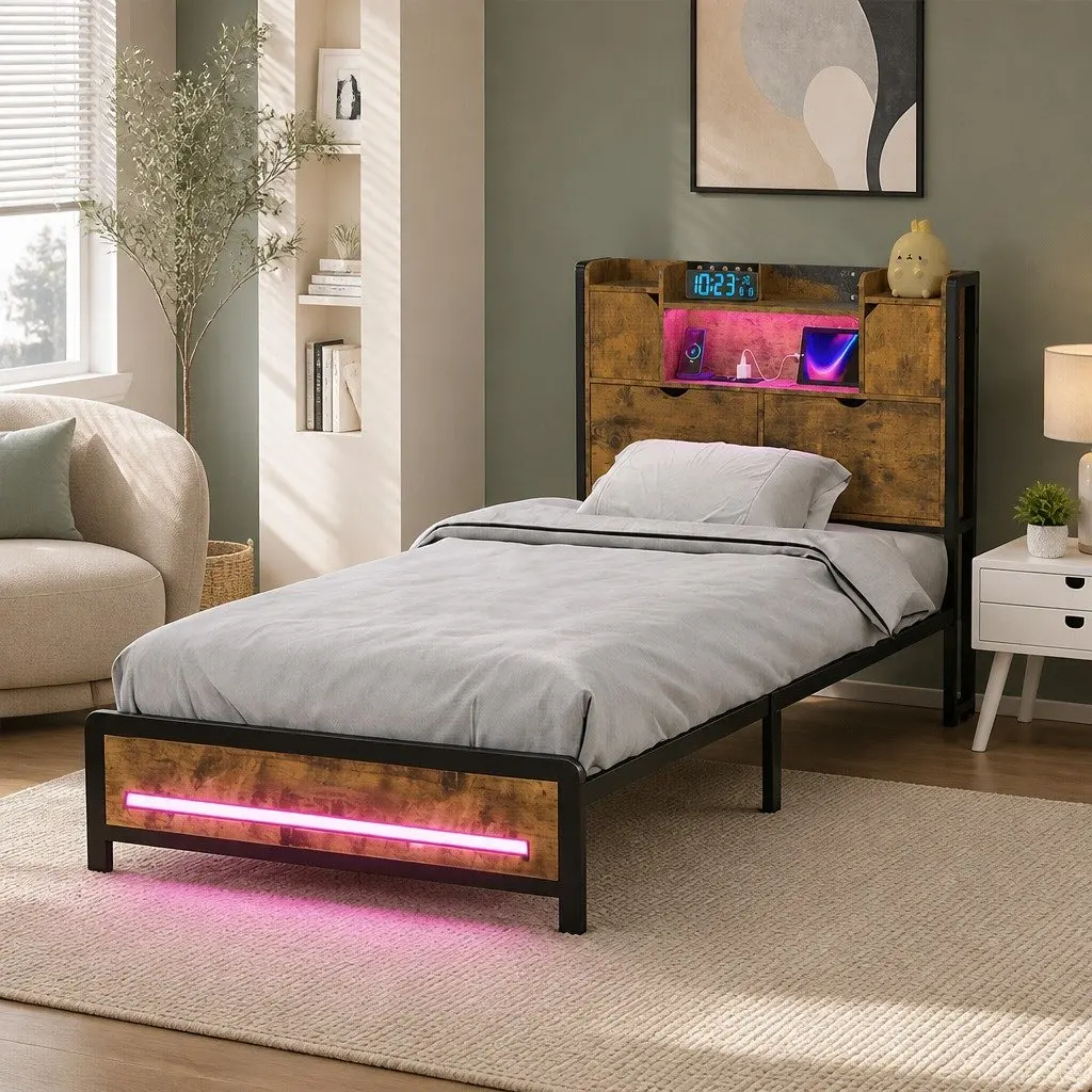 Single Bed Frame with Storage Headboard and LED