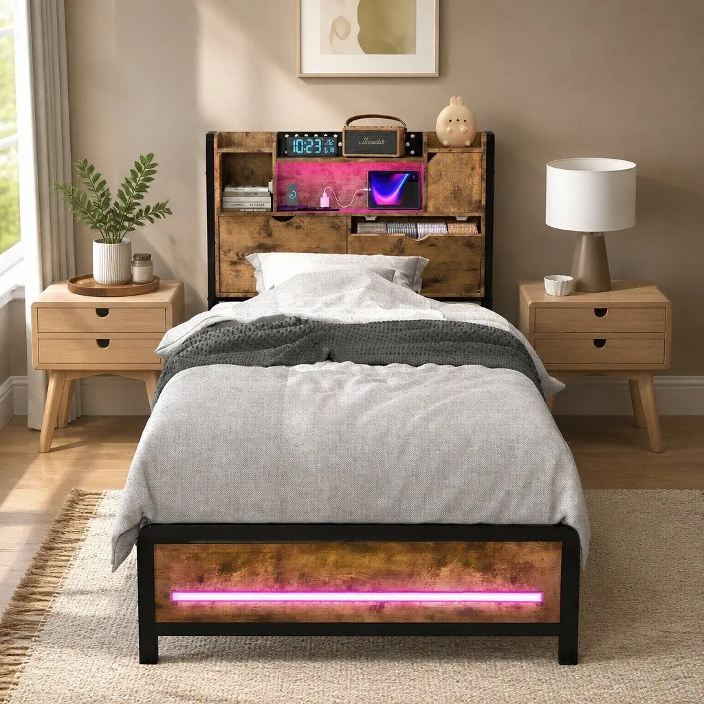 Single Bed Frame with Storage Headboard and LED