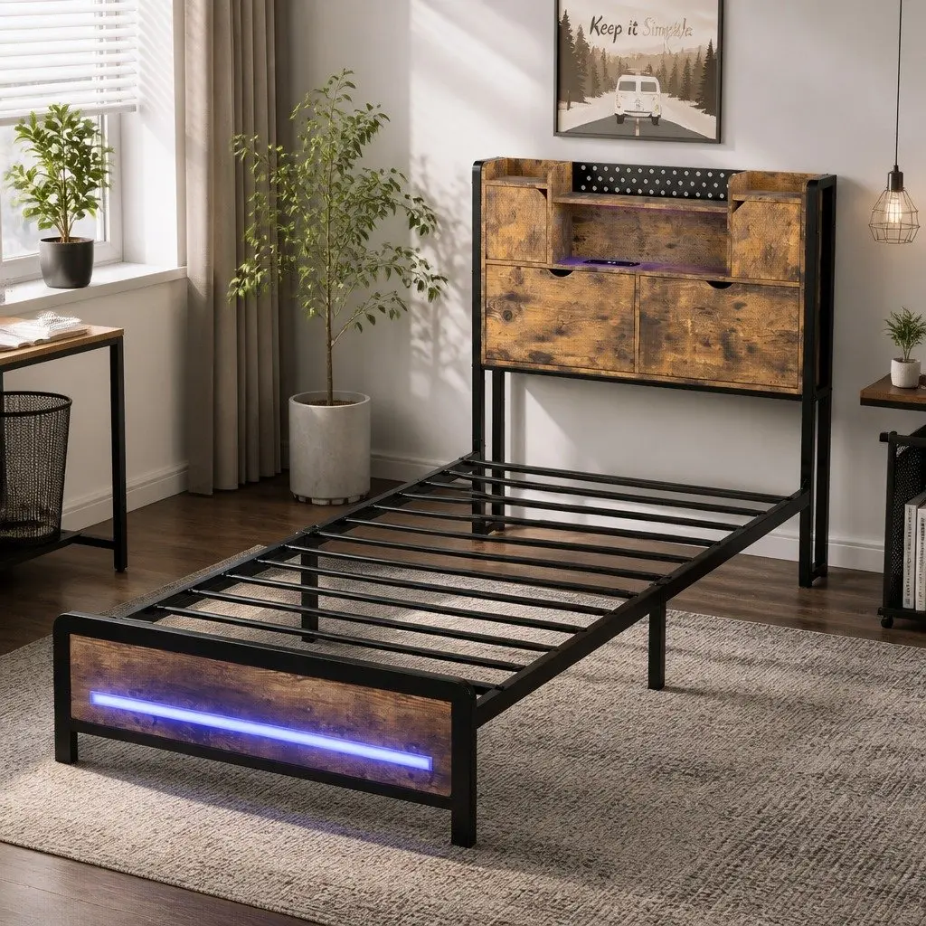 Single Bed Frame with Storage Headboard and LED