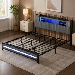 King Bed Frame with Storage Headboard and LED Lights