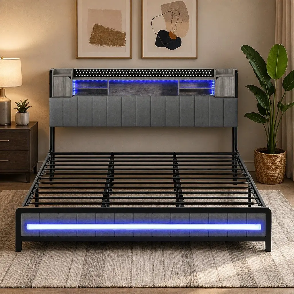 King Bed Frame with Storage Headboard and LED Lights