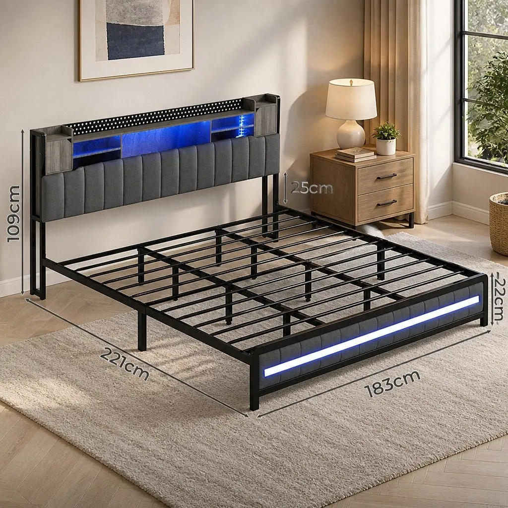 King Bed Frame with Storage Headboard and LED Lights