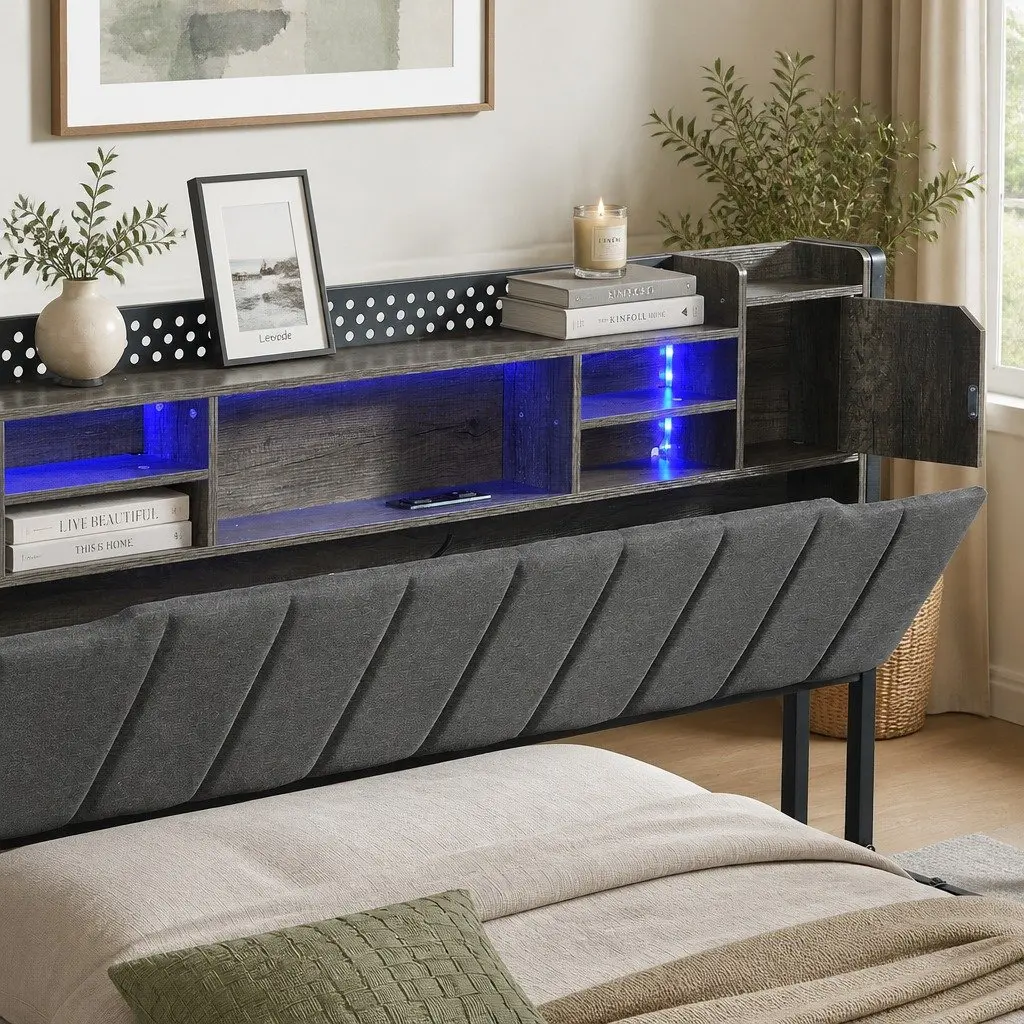 King Bed Frame with Storage Headboard and LED Lights