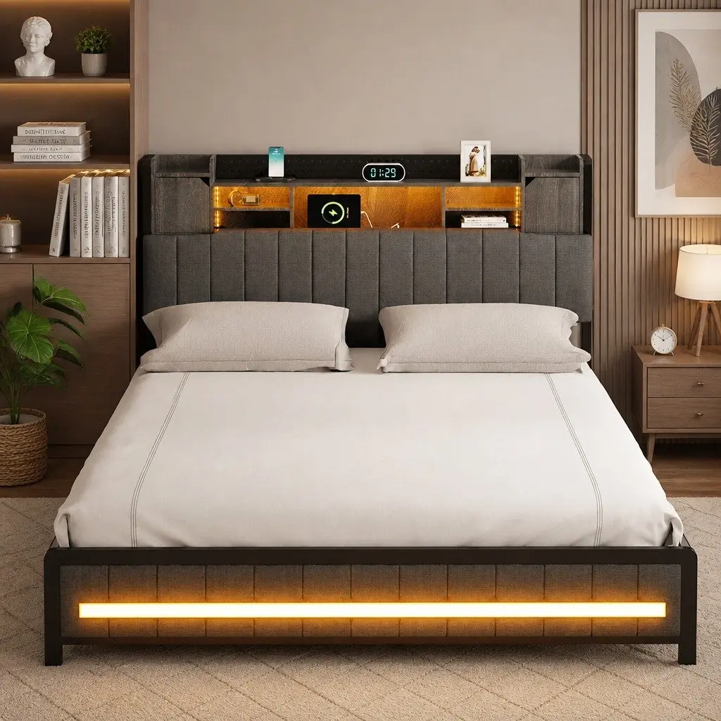 King Bed Frame with Storage Headboard and LED Lights