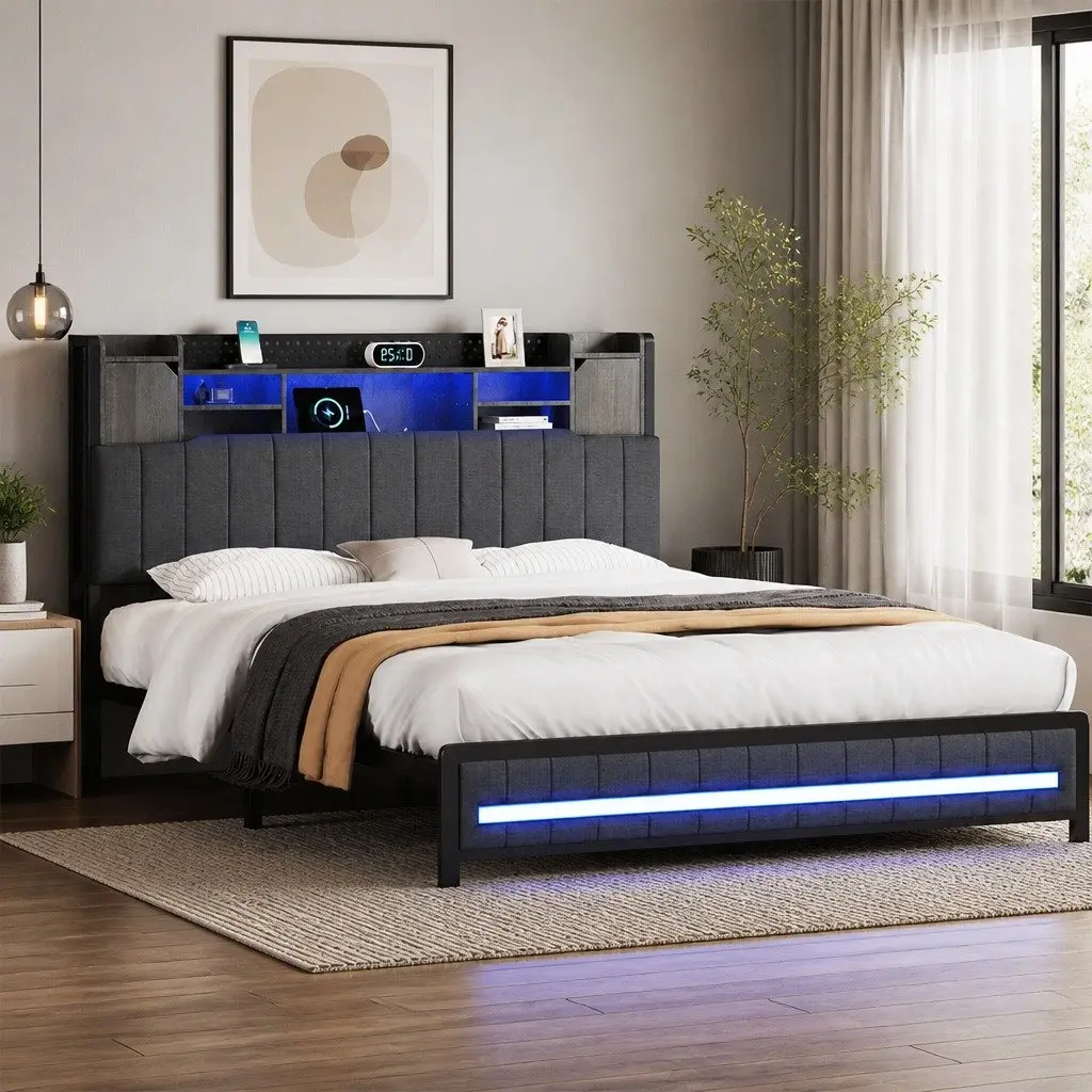 King Bed Frame with Storage Headboard and LED Lights
