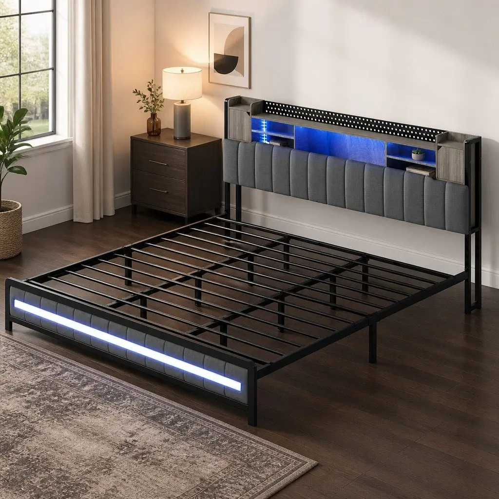 King Bed Frame with Storage Headboard and LED Lights