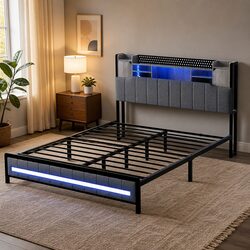 Comfortable Queen Bed Frame with Storage Headboard