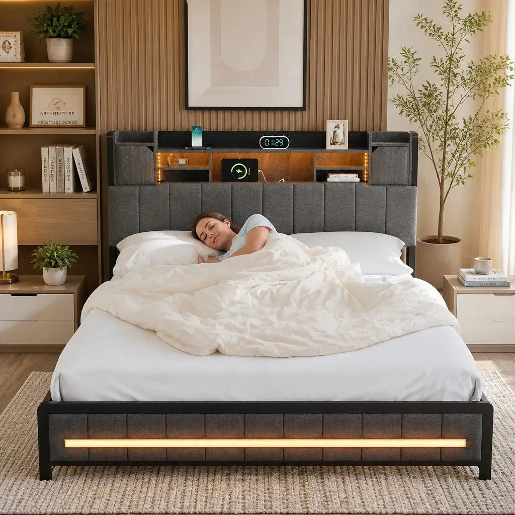Queen Bed Frame with Storage Headboard