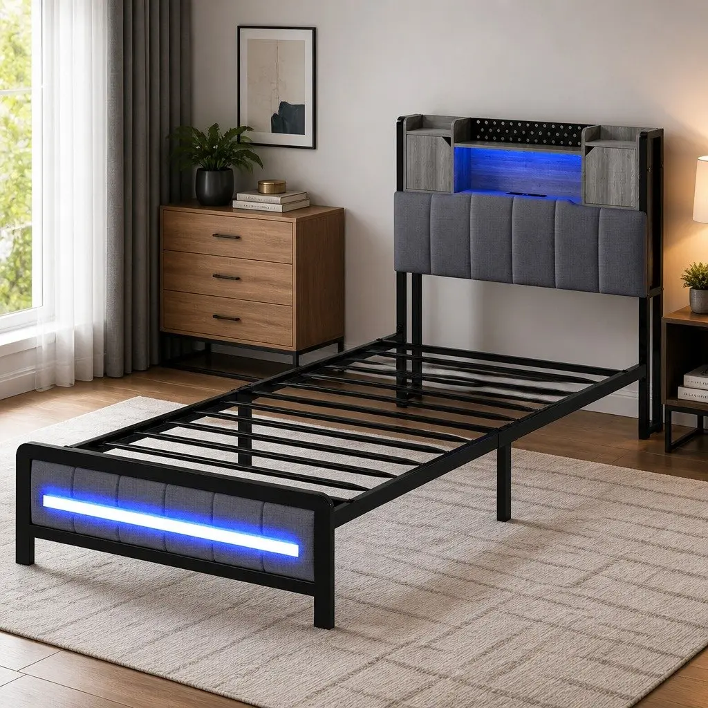 Single Bed Frame with Storage Headboard and LED Lighting