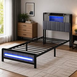 Single Bed Frame with Storage Headboard and LED Lighting