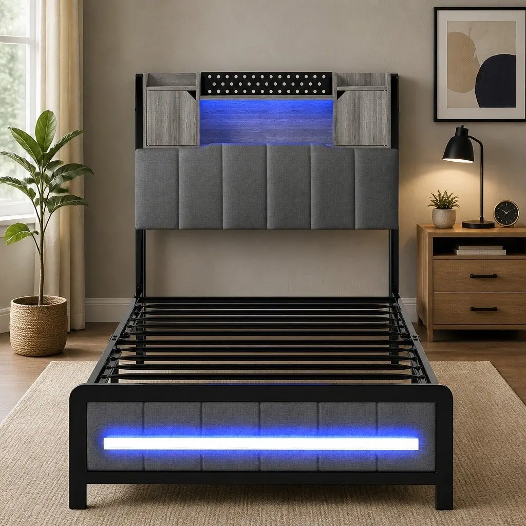 Single Bed Frame with Storage Headboard and LED Lighting
