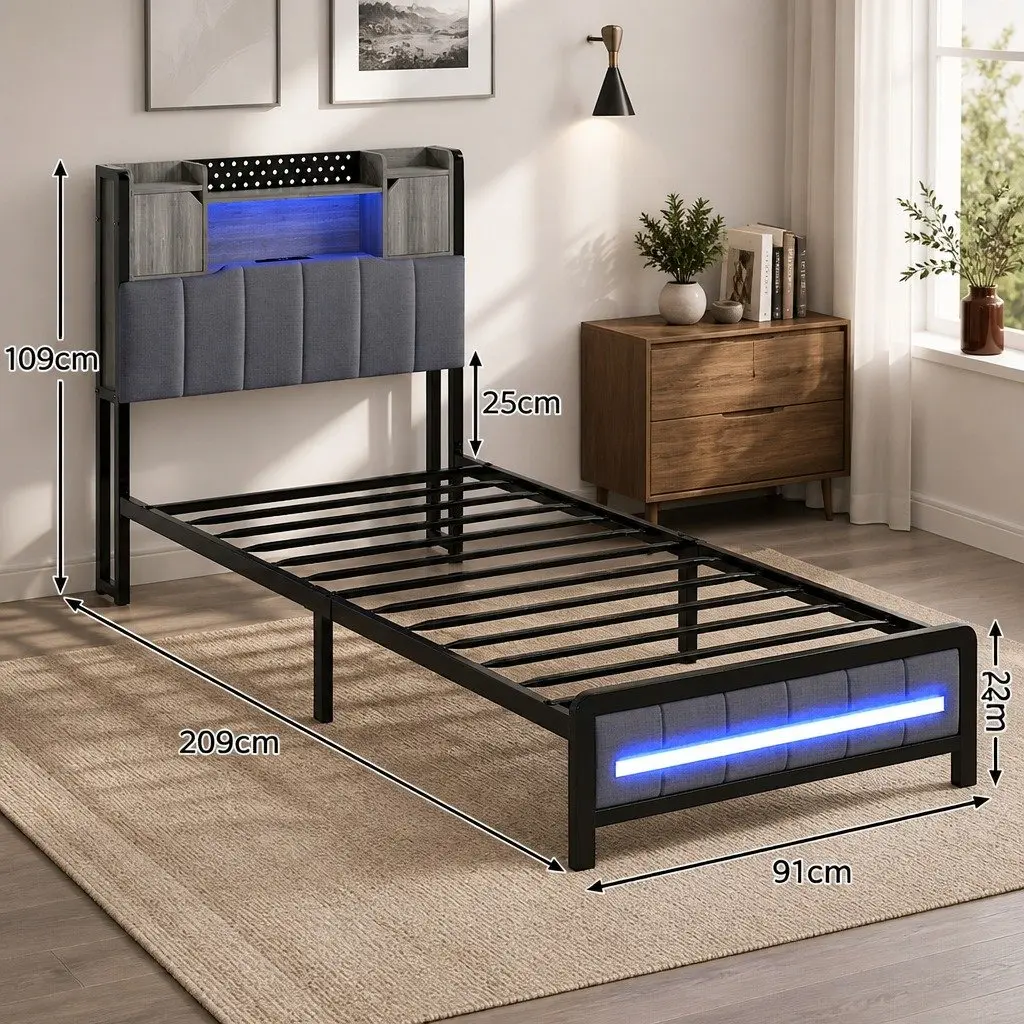 Single Bed Frame with Storage Headboard and LED Lighting