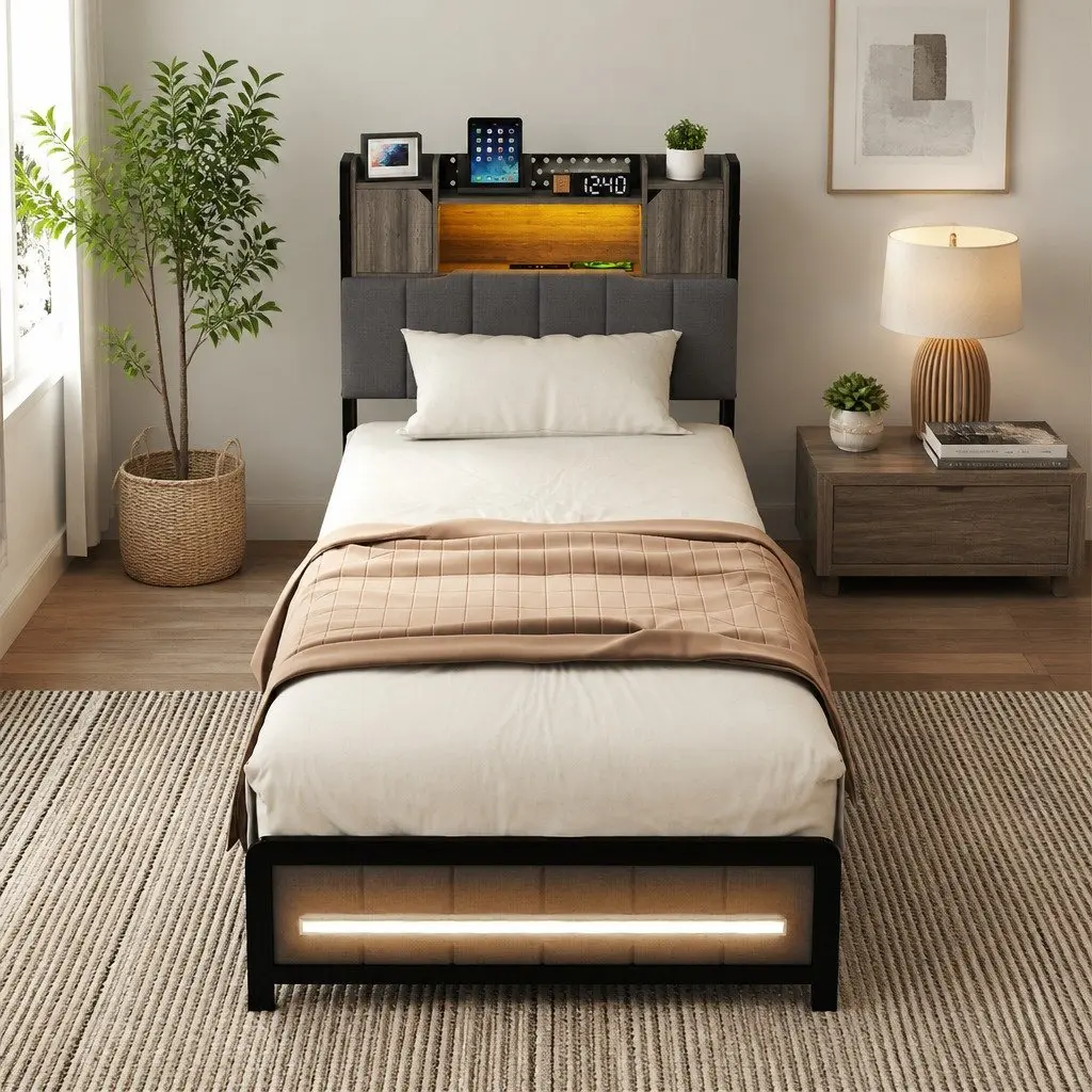Single Bed Frame with Storage Headboard and LED Lighting