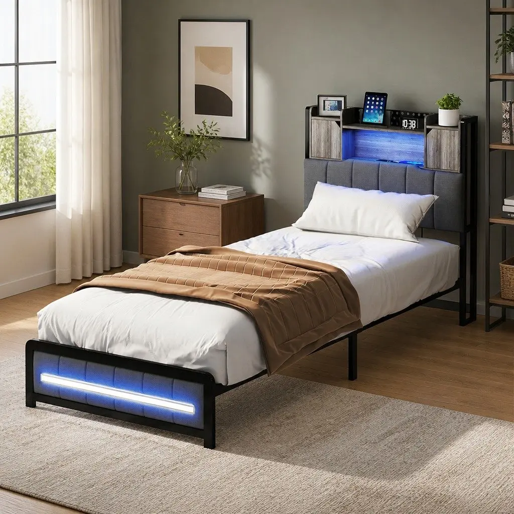 Single Bed Frame with Storage Headboard and LED Lighting