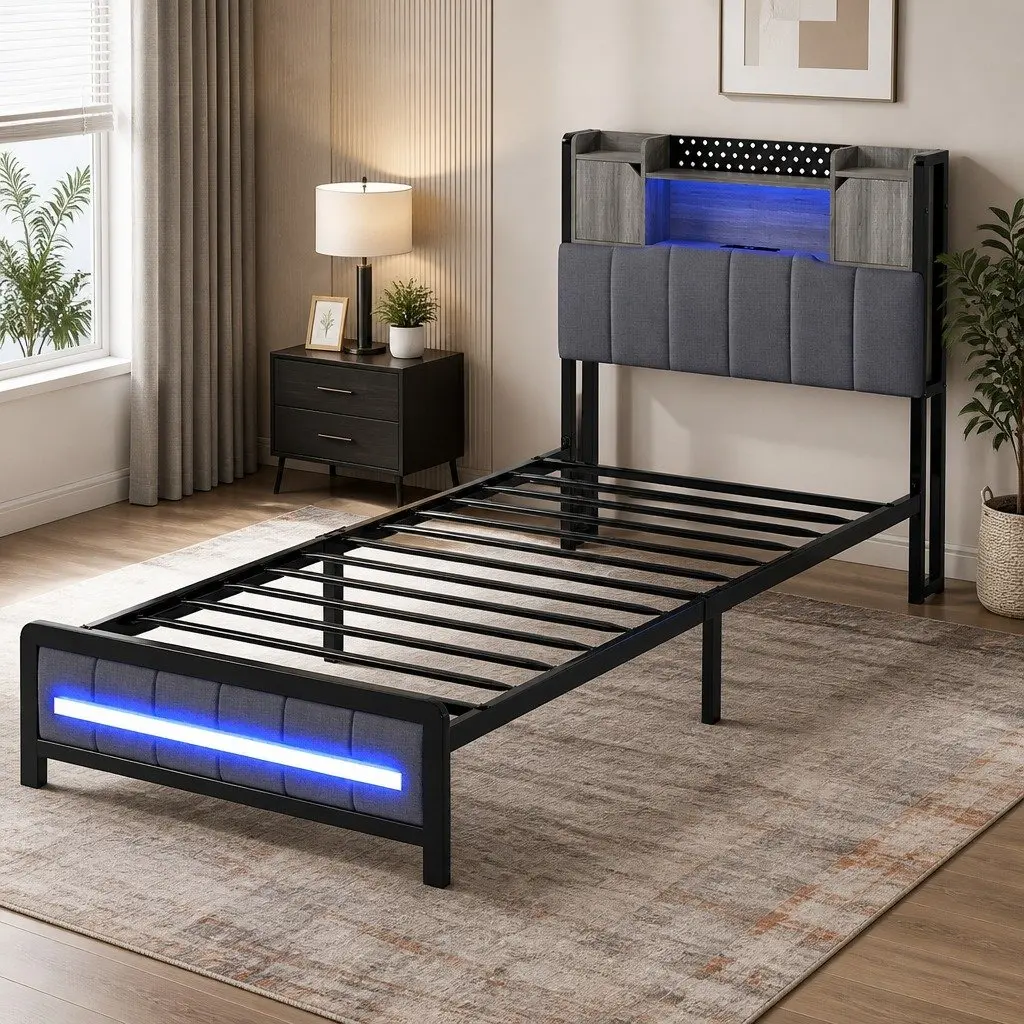 Single Bed Frame with Storage Headboard and LED Lighting