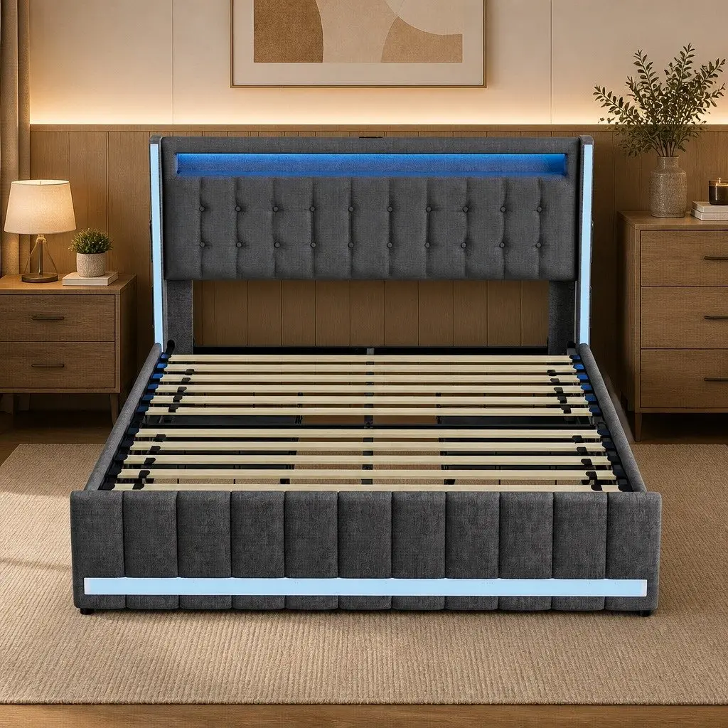 Double Bed Frame Gray Linen with Storage Drawers LED Lighting USB Ports Power Outlets