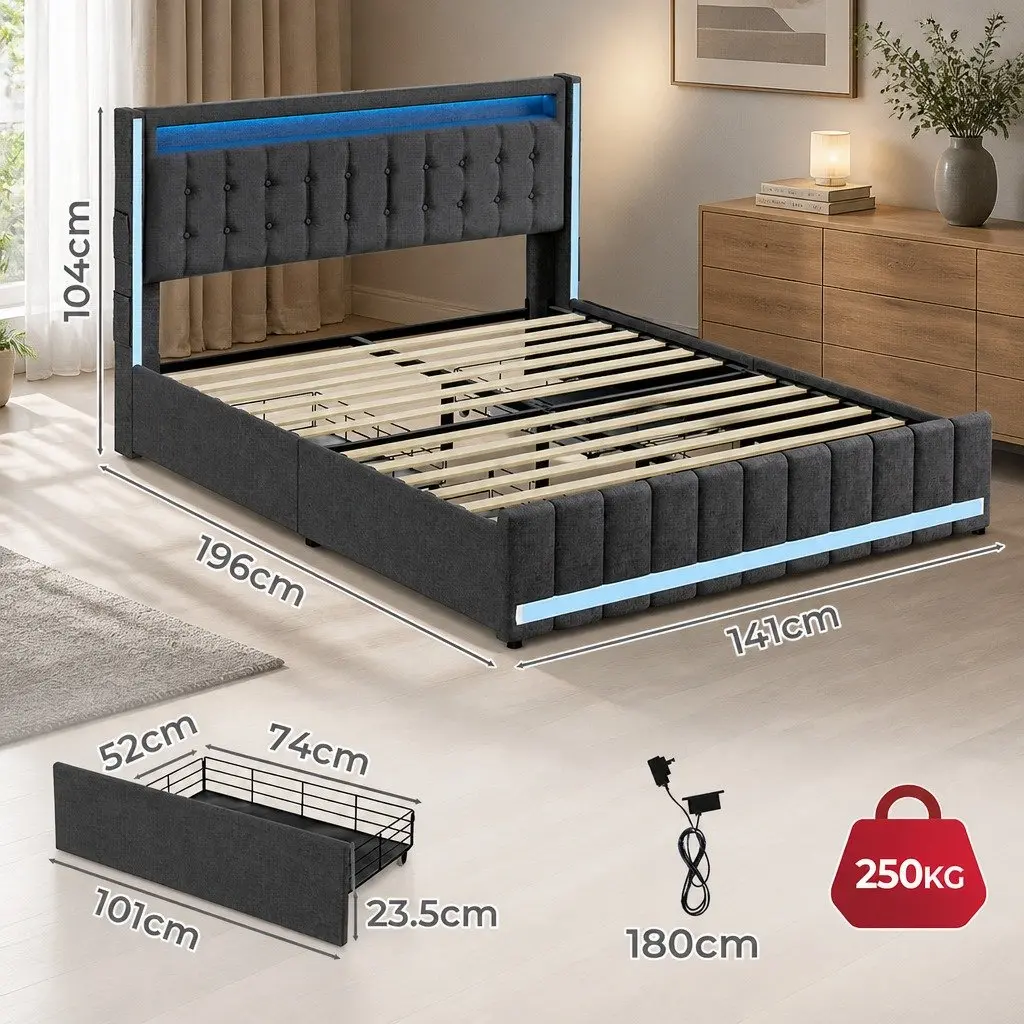 Double Bed Frame Gray Linen with Storage Drawers LED Lighting USB Ports Power Outlets