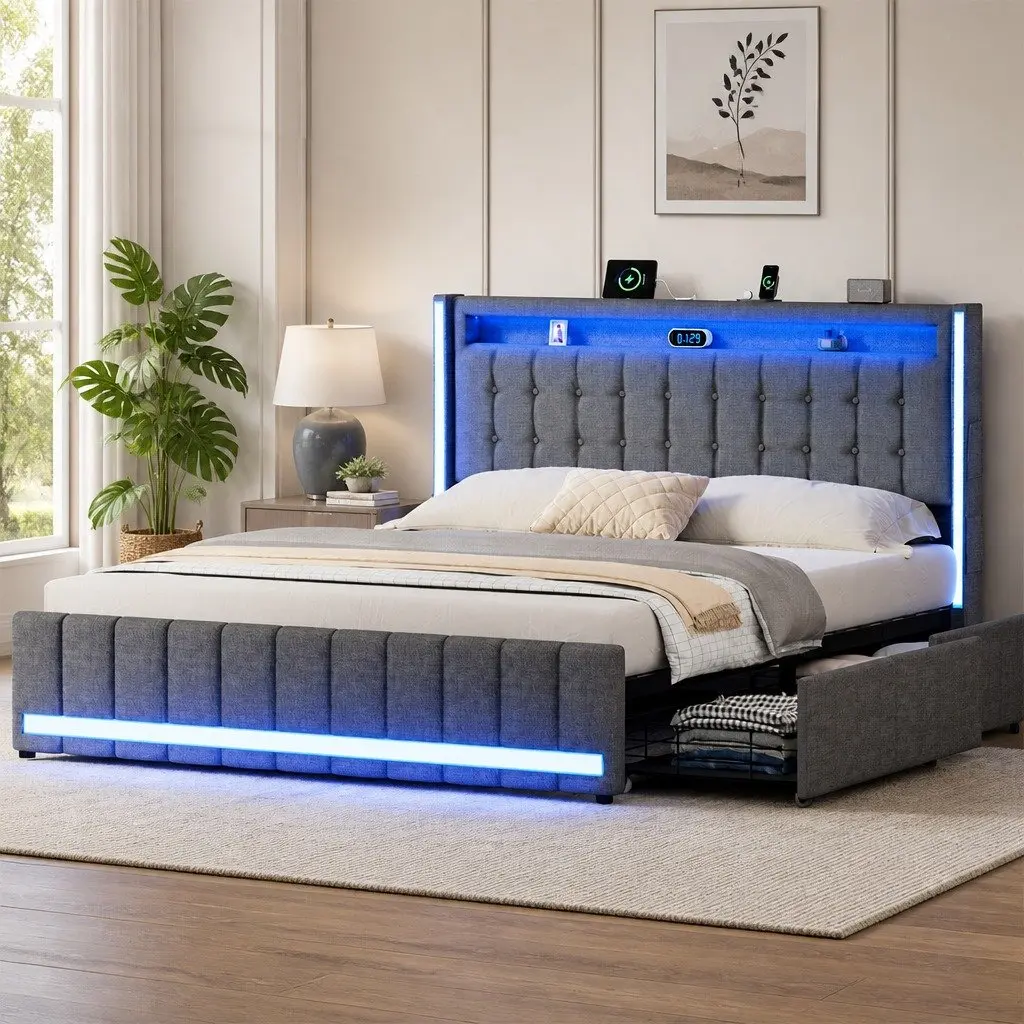 Double Bed Frame Gray Linen with Storage Drawers LED Lighting USB Ports Power Outlets