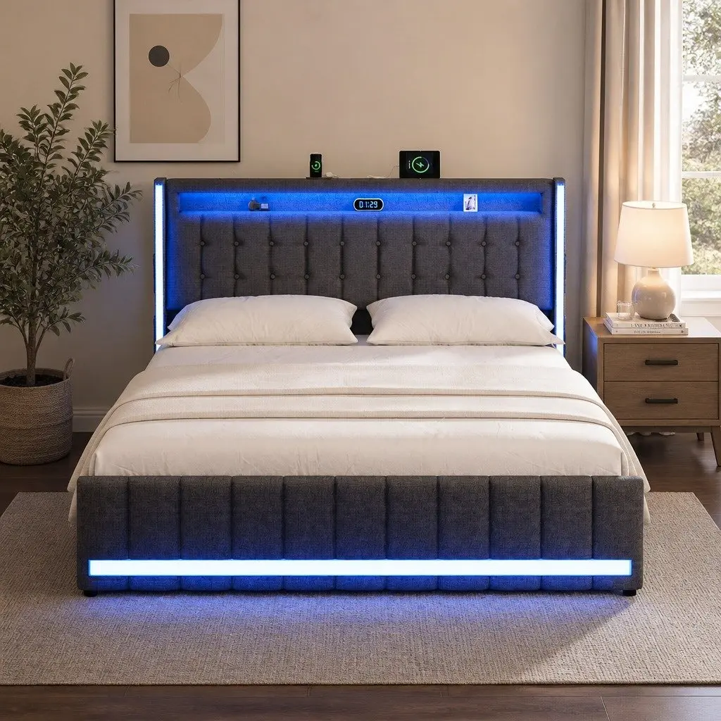Double Bed Frame Gray Linen with Storage Drawers LED Lighting USB Ports Power Outlets