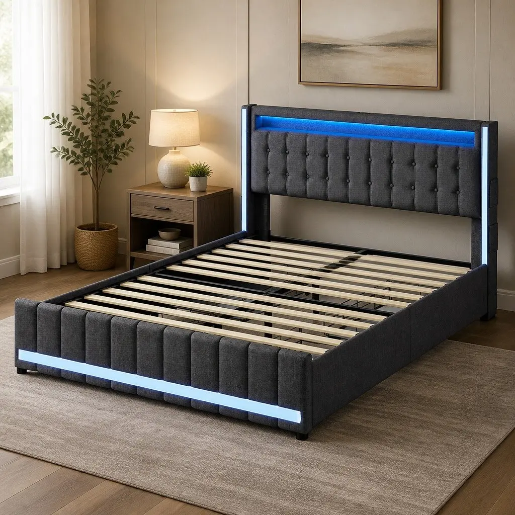 Double Bed Frame Gray Linen with Storage Drawers LED Lighting USB Ports Power Outlets