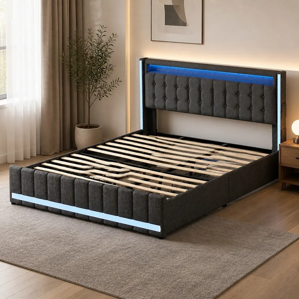 King Bed Frame Linen Grey with Storage Drawers LED USB Charging Ports